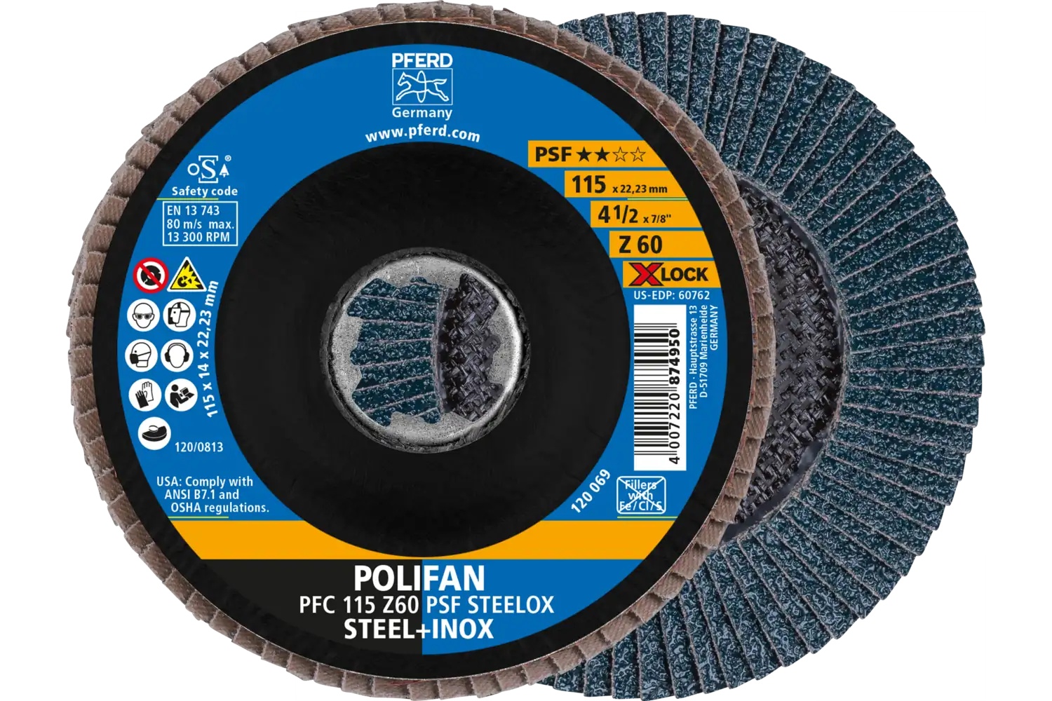Picture of Pferd Flap Disc, 4-1/2", X-Lock, Z PSF Extra Steelox, 60 Grit, T29, Conical, Zirconia
